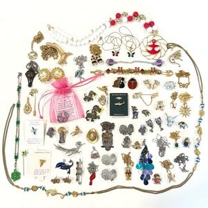 Vintage Figural Animal Jewelry Lot Enamel Brooches Necklaces Earrings Dogs Owls